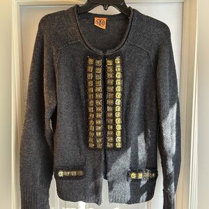 Tory Burch embellished cashmere cardigan, gray and gold.
